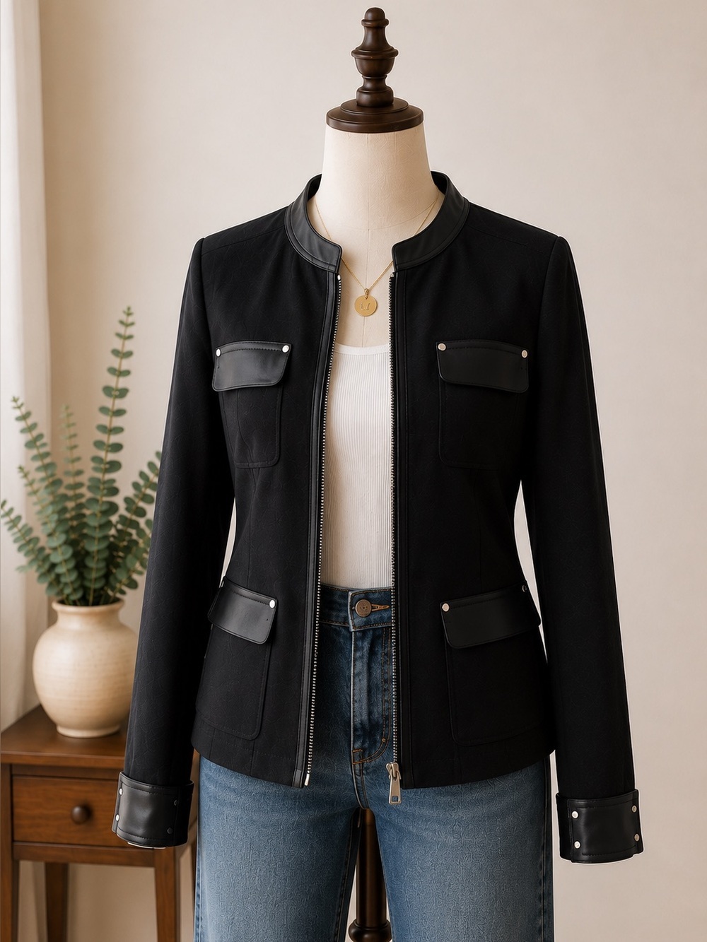 Elie Tahari Black Utility Jacket Lamb Leather Trim Structured Blazer Size US 10